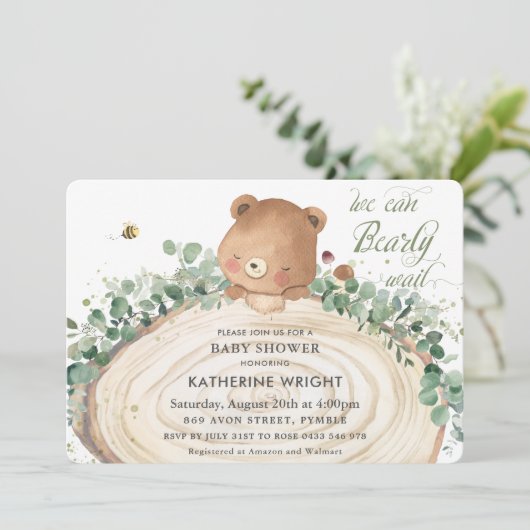 かわいいクマの緑男女兼用の赤ちゃんシャワーInvi 招待状 (スタンド正面)