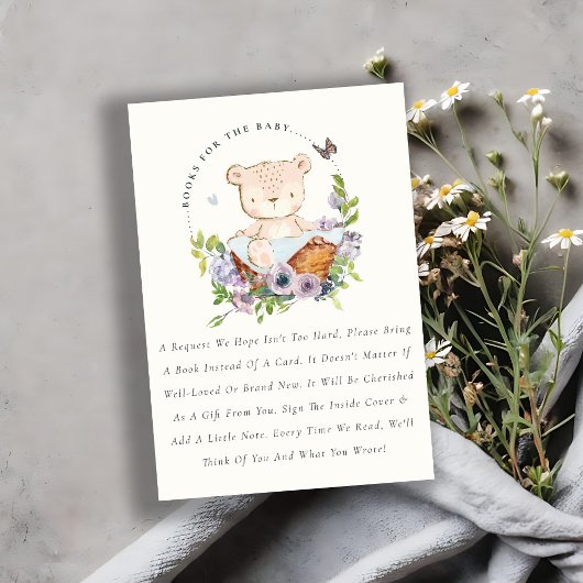 かわいいクマの花かご赤ちゃんシャワーのための青い本 エンクロージャーカード