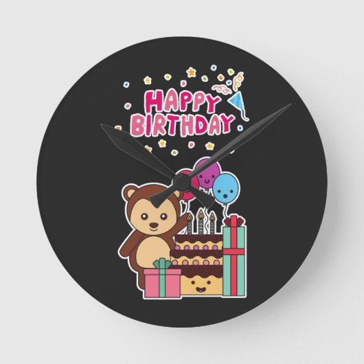 かわいいクマの誕生日お祝い - 愛らしいキャラクター ラウンド壁時計 (正面)