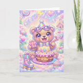 かわいいクマの誕生日 パステルレインボーローラースケート カード (正面)