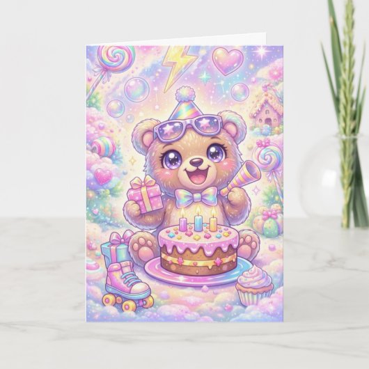 かわいいクマの誕生日 パステルレインボーローラースケート カード (正面)