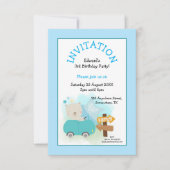 かわいいクマの車の男の子の3歳の誕生日パーティー 青 招待状 (正面)