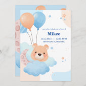 かわいいクマの雲の中ベビーシャワー 招待状 (正面/裏面)