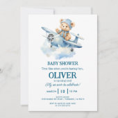 かわいいクマの青い飛行機 時間が飛ぶ 1歳の誕生日 招待状 (正面)