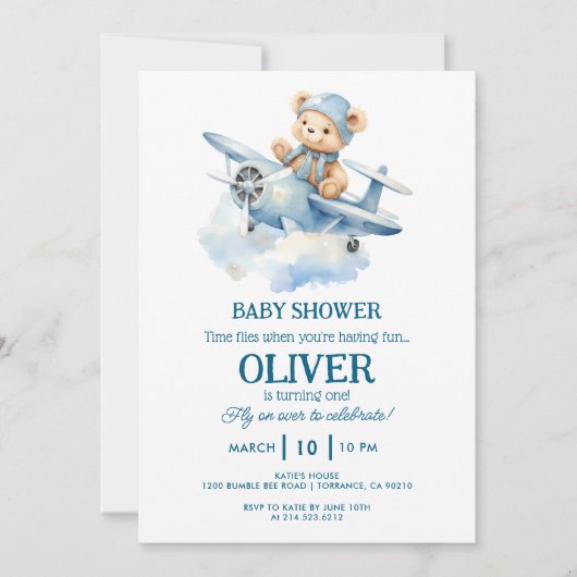 かわいいクマの青い飛行機 時間が飛ぶ 1歳の誕生日 招待状 (正面)