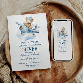 かわいいクマの青い飛行機 時間が飛ぶ 1歳の誕生日 招待状