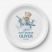 かわいいクマの青い飛行機 1歳の誕生日 ペーパープレート (正面)