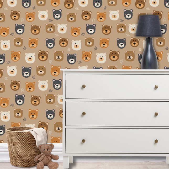 かわいいクマの頭の子供のパターン 壁紙 (Cute woodland forest bear head kids wallpaper for boys bedroom, nursery or playroom.)