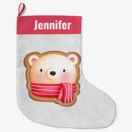 かわいいクマの顔 赤いマフラー & ほっぺたのピンクのクリスマス ラージクリスマスストッキング