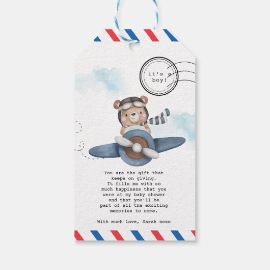 かわいいクマの飛行機アドベンチャー開始 男の子のベビーシャワー ギフトタグ (裏面)
