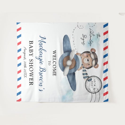 かわいいクマの飛行機アドベンチャー開始 男の子ベイビーシャワー タペストリー (正面(横))