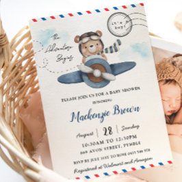 かわいいクマの飛行機アドベンチャー開始 男の子ベビーシャワーのお知らせ 招待状