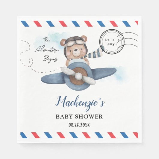 かわいいクマの飛行機アドベンチャー開始Boy Baby Shower スタンダードランチョンナプキン (正面)