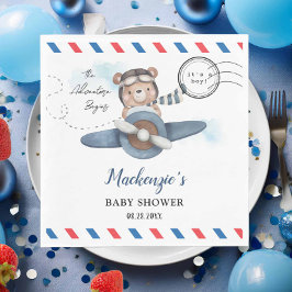 かわいいクマの飛行機アドベンチャー開始Boy Baby Shower スタンダードランチョンナプキン