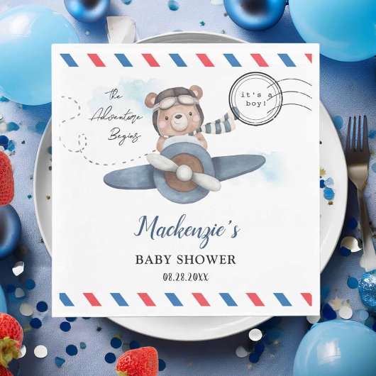 かわいいクマの飛行機アドベンチャー開始Boy Baby Shower スタンダードランチョンナプキン