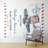 かわいいクマの飛行機アドベンチャー開始Boy Baby Shower タペストリー (インサイチュ(横))