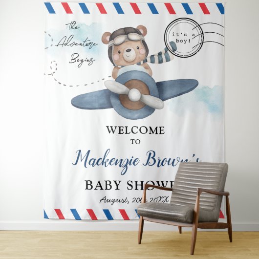かわいいクマの飛行機アドベンチャー開始Boy Baby Shower タペストリー (インサイチュ)