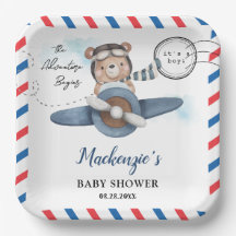 かわいいクマの飛行機アドベンチャー開始Boy Baby Shower