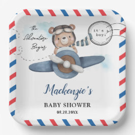 かわいいクマの飛行機アドベンチャー開始Boy Baby Shower ペーパープレート