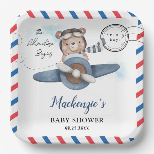 かわいいクマの飛行機アドベンチャー開始Boy Baby Shower ペーパープレート (正面)