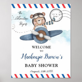 かわいいクマの飛行機アドベンチャー開始Boy Baby Shower ポスター