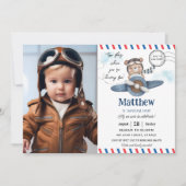 かわいいクマの飛行機タイムフライ1歳の誕生日の写真 招待状 (正面)