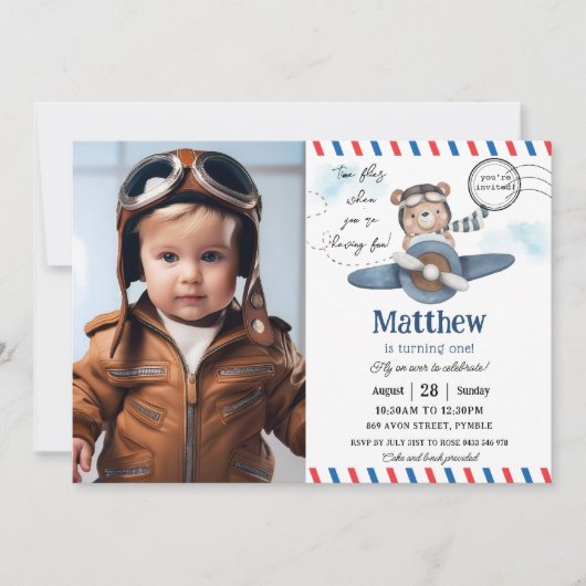 かわいいクマの飛行機タイムフライ1歳の誕生日の写真 招待状 (正面)
