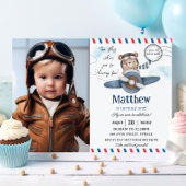 かわいいクマの飛行機タイムフライ1歳の誕生日の写真 招待状