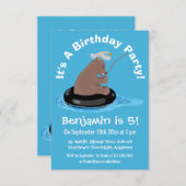 かわいいクマの魚釣り漫画の誕生日 招待状 (正面/裏面)