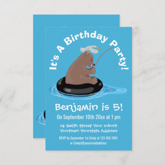 かわいいクマの魚釣り漫画の誕生日 招待状 (正面/裏面)