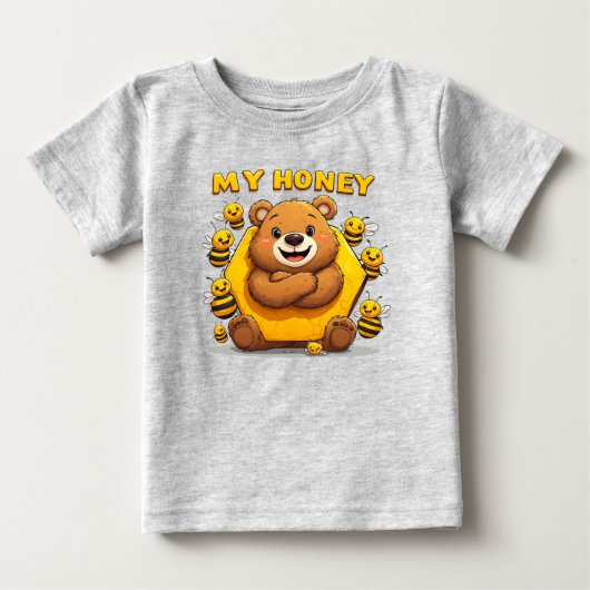 かわいいクマの黄色いハニカム抱擁 ベビーTシャツ (正面)