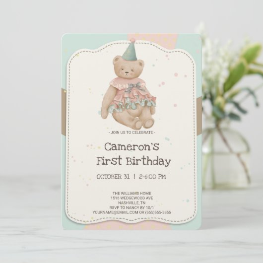 かわいいクマの1歳誕生日招待状 招待状 (スタンド正面)