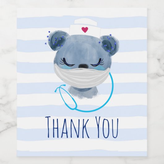 かわいいクマナースメディカルマスクをかぶってありがとう ワインラベル (シングルラベル)