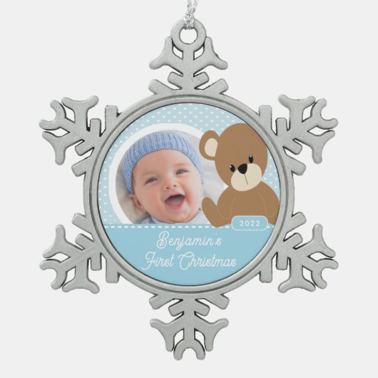 かわいいクマベビーの初めてのクリスマス写真 スノーフレークピューターオーナメント (正面)