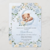 かわいいクマ三日月ムーンブルーフローラ赤ちゃんシャワー 招待状 (正面/裏面)