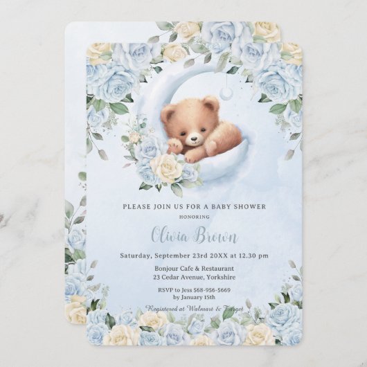 かわいいクマ三日月ムーンブルーフローラ赤ちゃんシャワー 招待状 (正面/裏面)