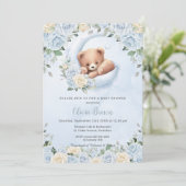 かわいいクマ三日月ムーンブルーフローラ赤ちゃんシャワー 招待状 (スタンド正面)