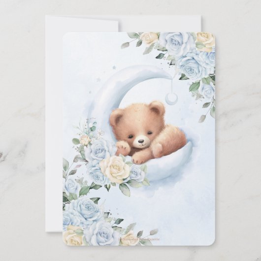 かわいいクマ三日月ムーンブルーフローラ赤ちゃんシャワー 招待状 (裏面)