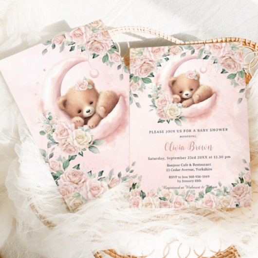 かわいいクマ三日月赤面フローラ赤ちゃんシャワー 招待状