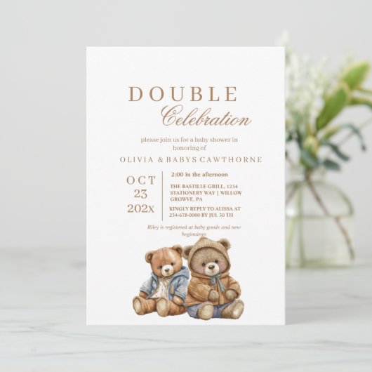 かわいいクマ二重赤ちゃんシャワー 招待状 (スタンド正面)