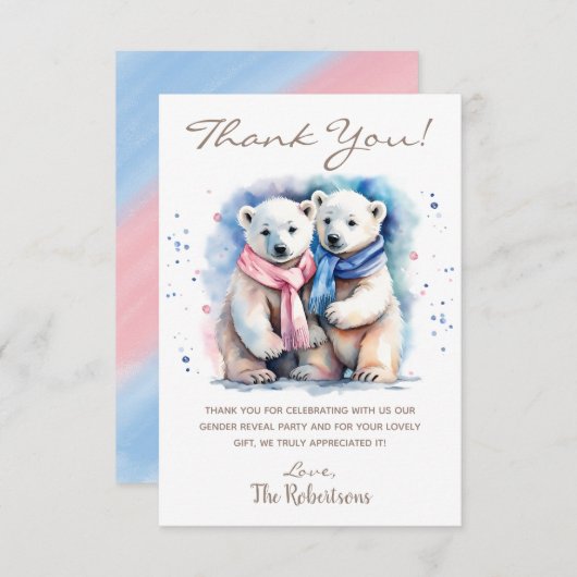 かわいいクマ冬の動物ジェンダーがパーティー サンキューカード (正面/裏面)
