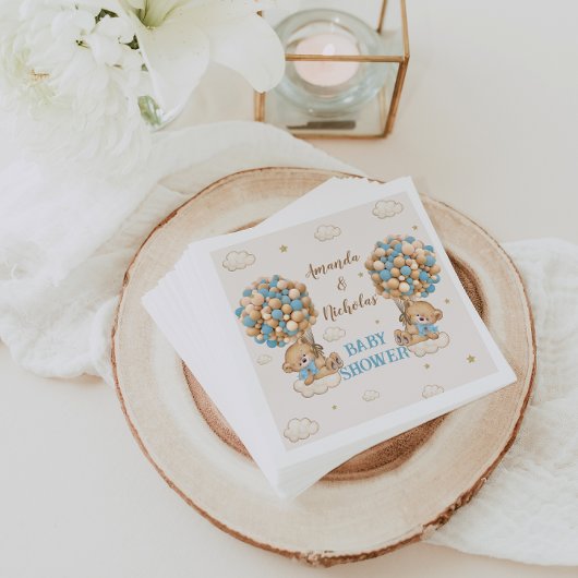 かわいいクマ双子の男の子シャワーブルーバルーン スタンダードカクテルナプキン