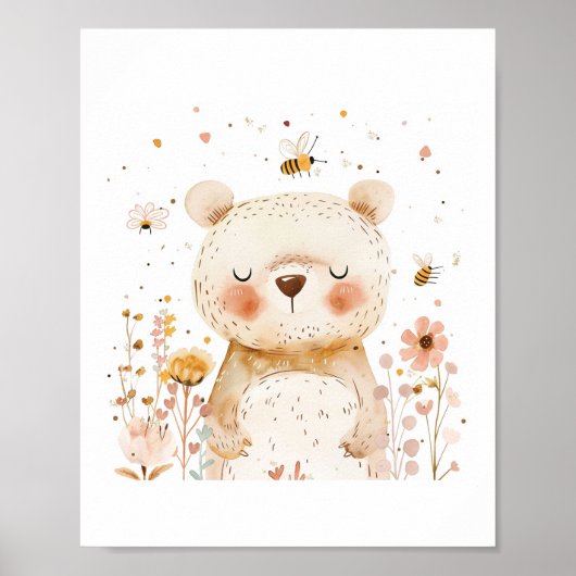 かわいいクマ子供部屋フレンズ愛する動物の花 ポスター (正面)