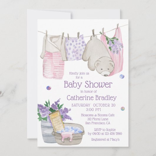 かわいいクマ洗い日水色ベビーシャワー 招待状 (正面)