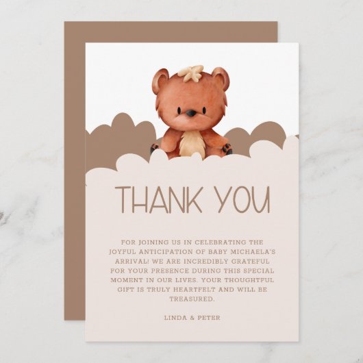 かわいいクマ男女兼用の赤ちゃんシャワー サンキューカード (正面/裏面)