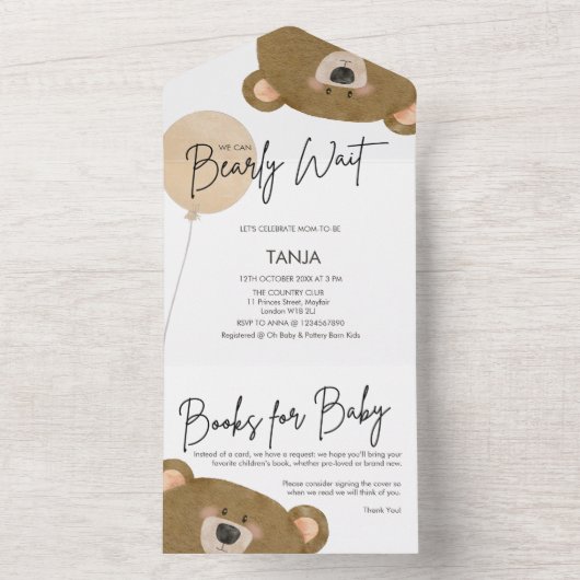 かわいいクマ私たちは良く待つことができジェンダー赤ちゃんシャワー オールインワン招待状 (内側)