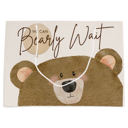 かわいいクマ私たちは良く待つことができジェンダー赤ちゃんシャワー ラージペーパーバッグ (正面)