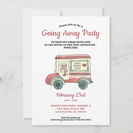 かわいいクマ移動トラック遠くにパーティー 招待状 (正面)