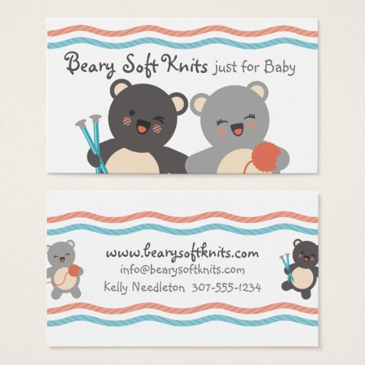 かわいいクマ編み物針糸ギフトラベルカード (正面&裏面)