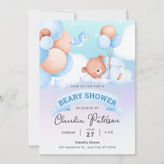 かわいいクマ赤ちゃんシャワー水色ブラウンブルーパステル 招待状 (正面)